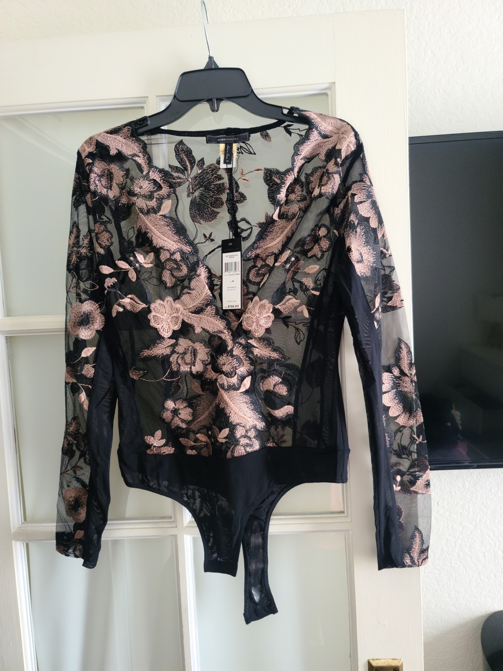 BCBGMaxAzria Black Sheer Bodysuit with Rose Gold Floral Embroidery